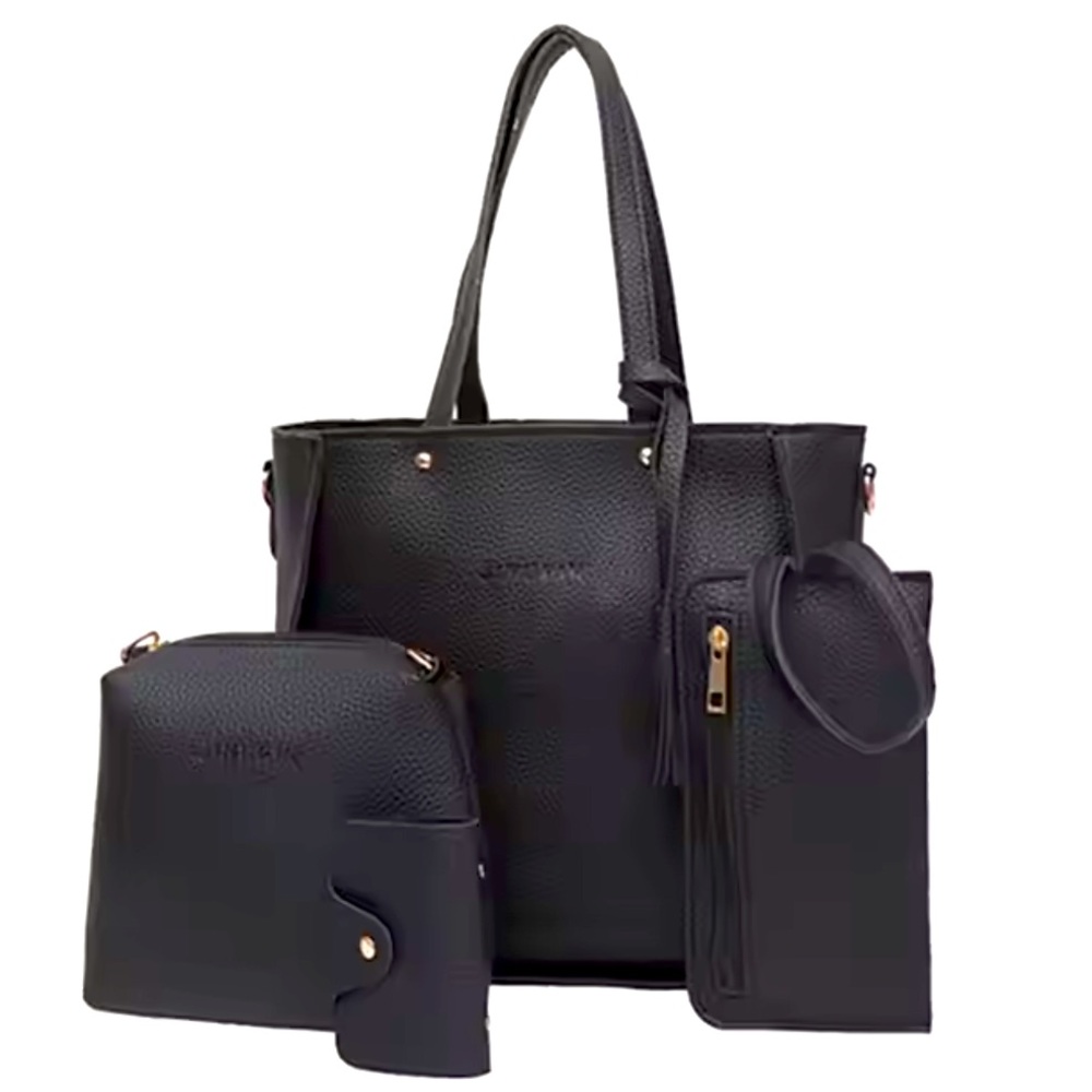 Black Pebbled Faux Leather Shoulder Cross Body Purse Tote Bag Handbag Set 4Pc